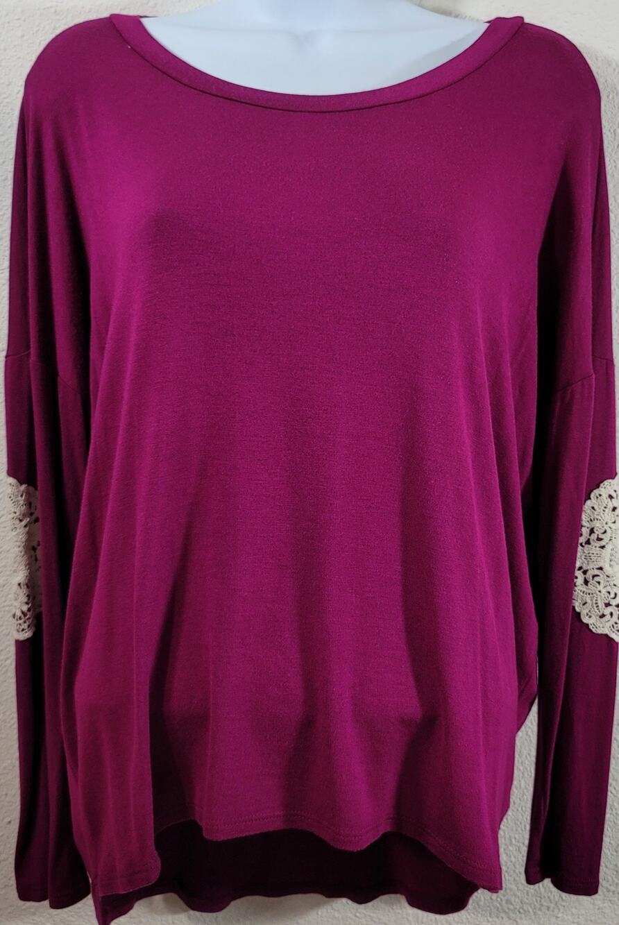 Alya Purple Hi Low Lace Patches On Elbows Top Medium Lightweight Soft Stretchy